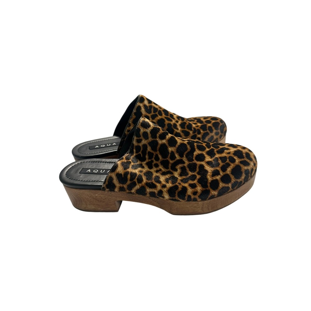 AQUA Leopard Calf Hair Clogs Women 10B Tan Black Excellent Platform Mules